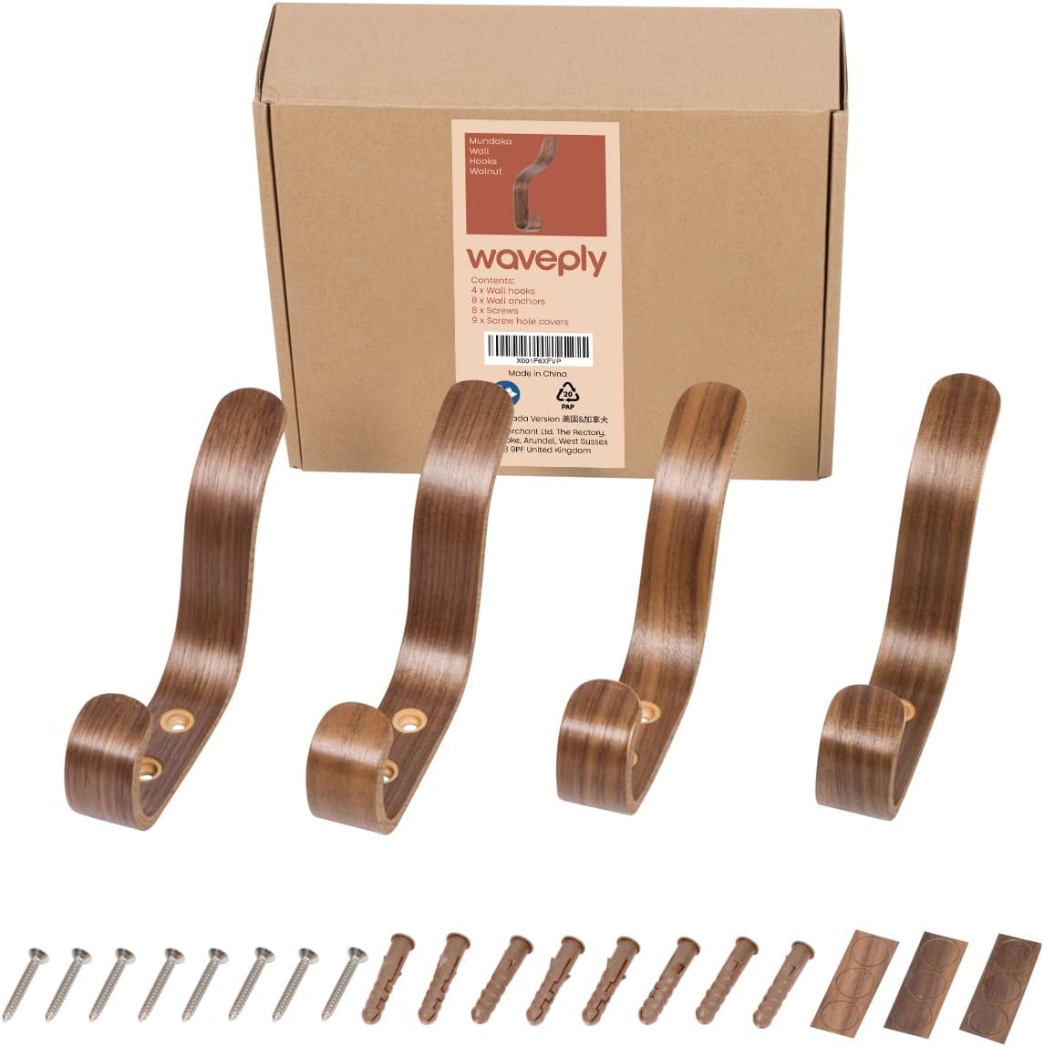 Plywood Wall Hooks Set of 4 Wood Coat Hooks Hanging Clothes Hats Robes Towels Wooden (Walnut)