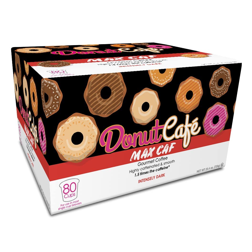 Donut Café K-Cup Coffee Pods, Dark Roast, High Caffeine, Max Caf 80 Count | Single Serve, 1.5X Caffeine, Vegan, Allergen Free, Non-GMO, Kosher, For Keurig K Cup Brewers, Intensely Bold &amp; Powerful