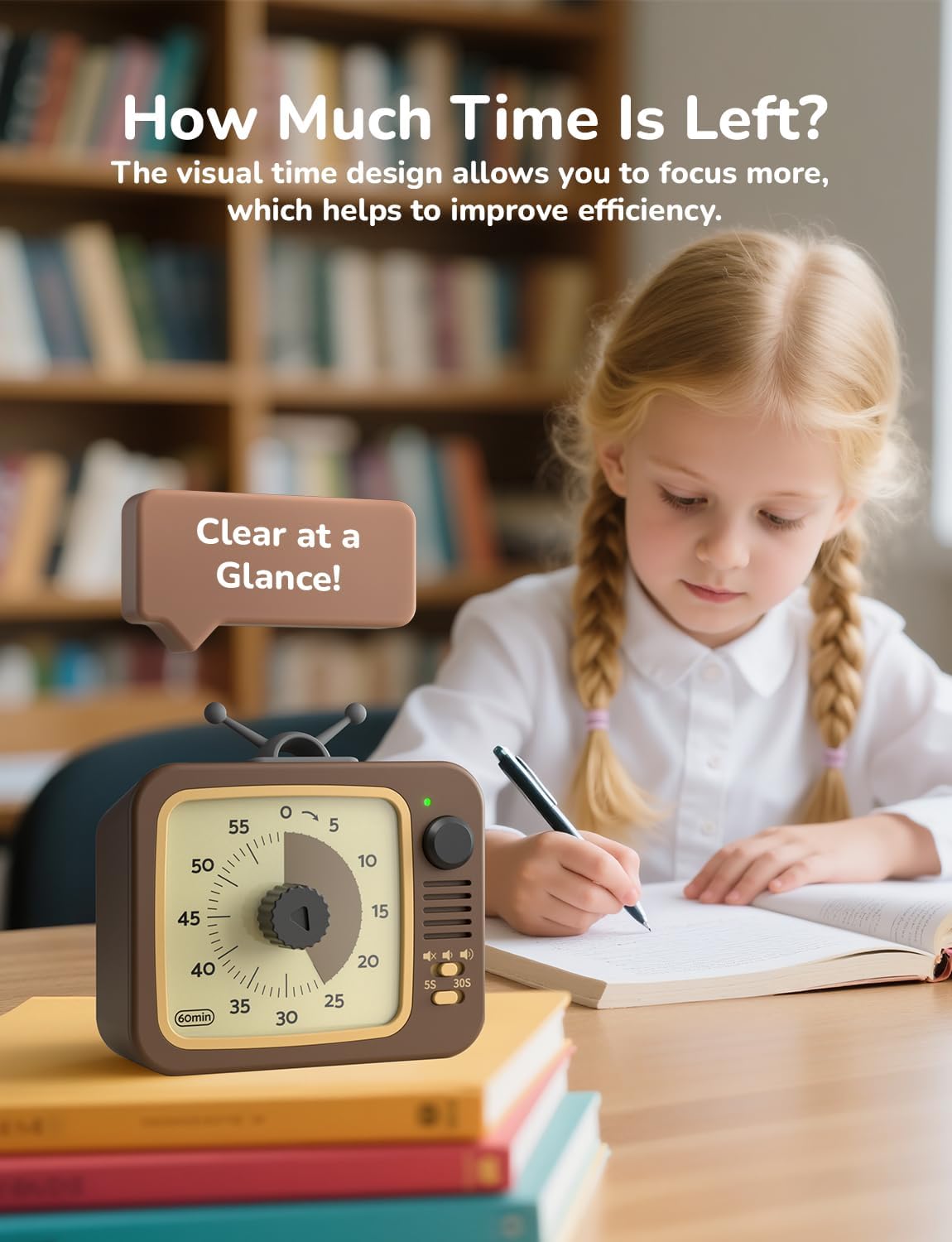 LIORQUE Visual Timer for Kids with Pause, 60 Minute Countdown Timer, Brown | Non-Ticking, 3 Volume Levels, Back Magnetic, Two Ringing Durations, Light Indicator, for Classroom Kitchen Office ADHD