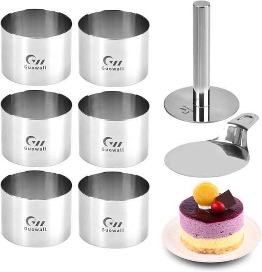 6 pcs Seamless Cake Ring Mold Set 3 inch Stainless Steel Round Cake Cutter Food Pastry Mousse Mold for Baking (Includes 1 Lifter, 1 Pusher and 6 Rings)