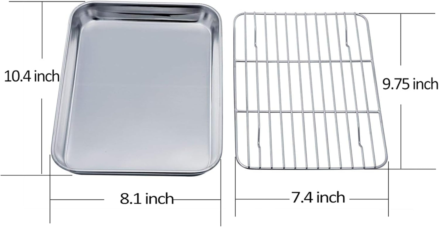 TeamFar Toaster Oven Pan with Cooling Rack, 10.4"x 8"x1" Toaster Oven Tray | Stainless Steel Toaster Oven Pan with Baking Wire Rack for Cooking, Healthy &amp; Non Toxic, Mirror Finish &amp; Dishwasher Safe