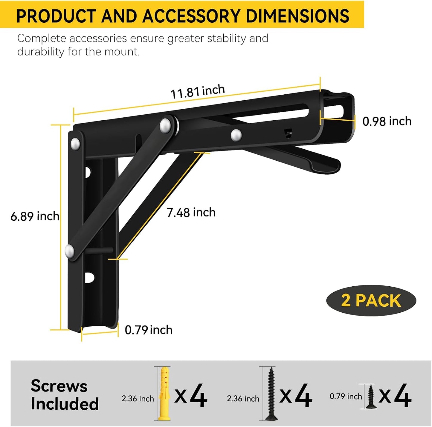 Folding Shelf Brackets, Collapsible Heavy Duty Shelf Brackets for Fold Down Desk, 12 Inch with 2 Pack, Black