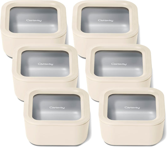 Caraway 6pc Glass Food Storage Set – 4.4 Cup Food Containers (6) - Ceramic Coated - Non Toxic, Non Stick with Lids -