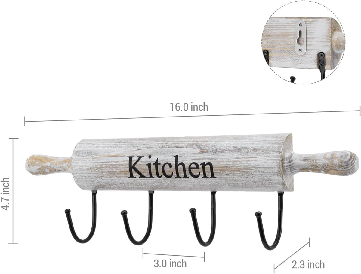 MyGift White Washed Wood Kitchen Utensil Rack with 4 Hooks, Wall Mounted