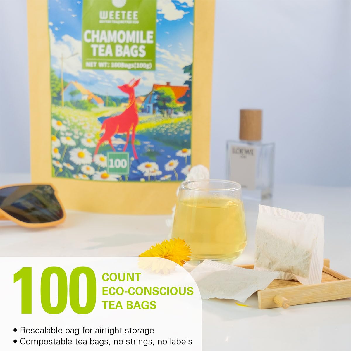 WT WEETEE Chamomile Tea Bags 100 Count, Caffeine-free Herbal for Bedtime