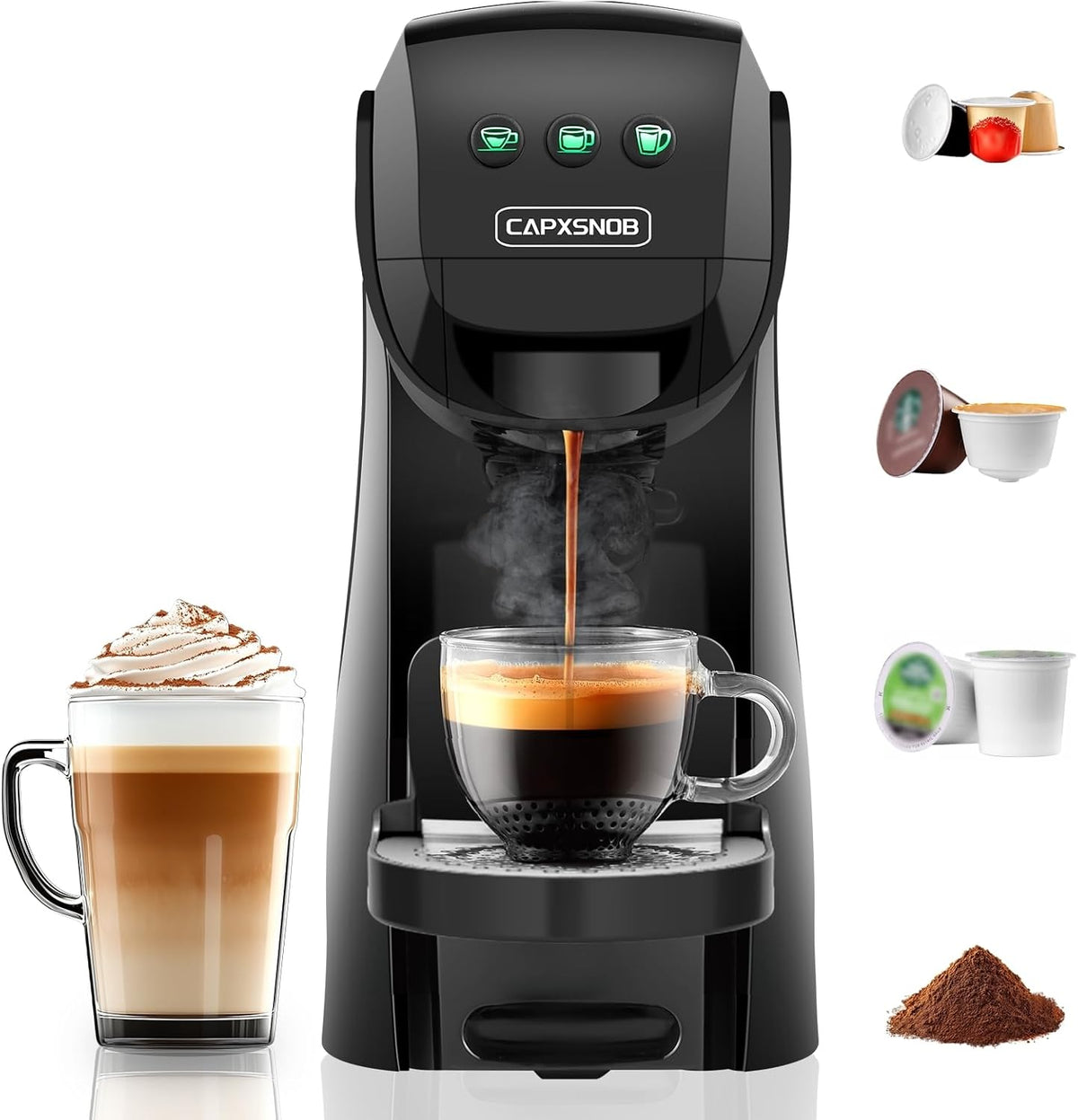 Warriors1 4-in-1 Coffee Maker &amp; Espresso Machine for Pods &amp; Grounds, 20Bar | Fits K Cup/Nespresso/Dolce Gusto/Grounds, 3 Cup Sizes, Custom Brew Time/Temp, 5.3"W for Home/Office, BPA-Free &amp; Durable Build