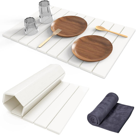 Stone Dish Drying Mat for Kitchen Counter,24"(L)×16"(W) Collapsible Fast-Drying Diatomaceous Earth Mats with Towel Sanding
