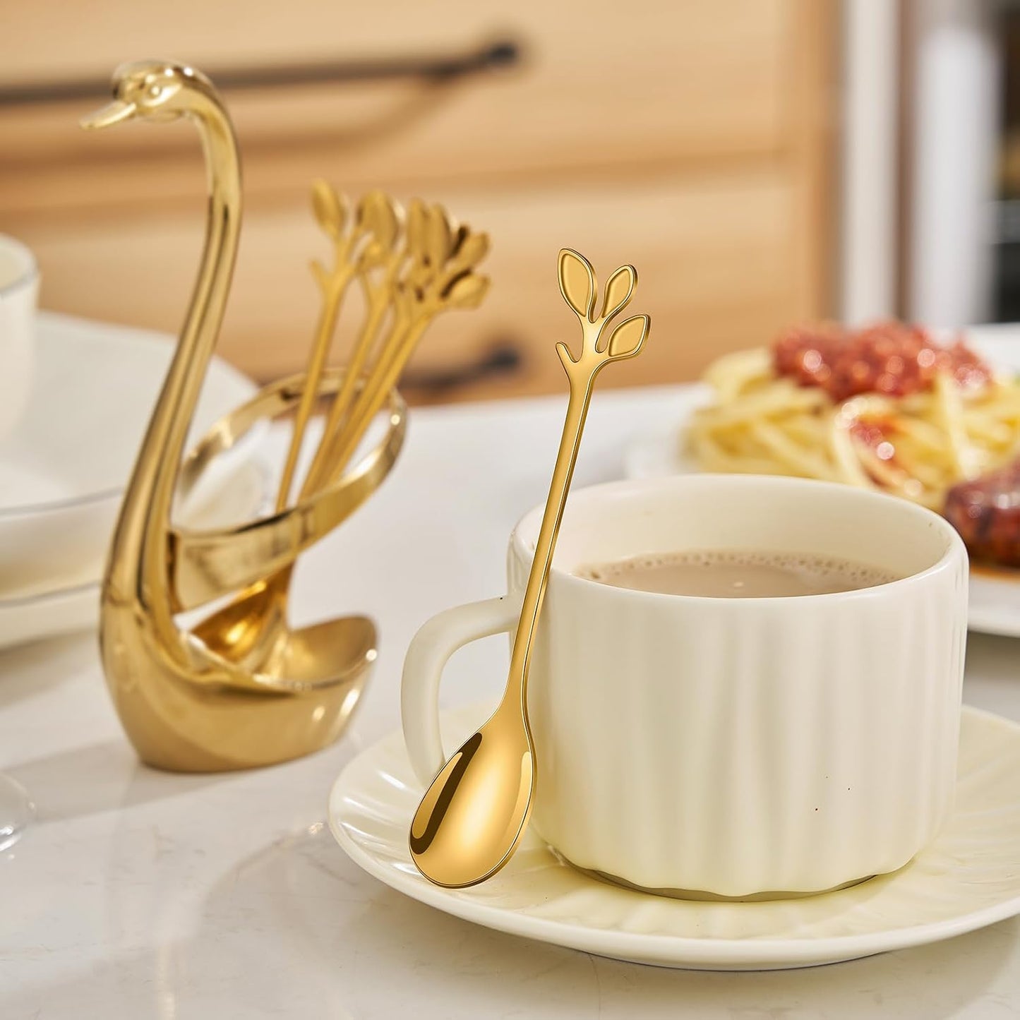 AnSaw Gold Swan Base With 10-Pcs Mini Leaf Coffee Spoon Holder Set - 4.7" | Stainless Steel Leaf Handle Spoons,Small Spoons,Espresso Spoons,Tea Spoons,Dessert Spoons,Demitasse Spoons