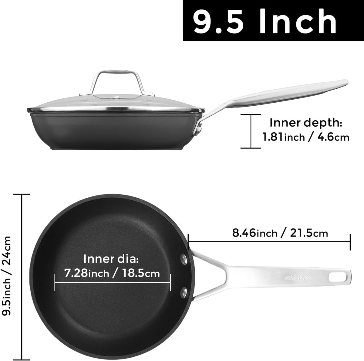 MsMk 9.5 Inch Nonstick Frying pan with Lid, Grey Cooking Pan Skillet