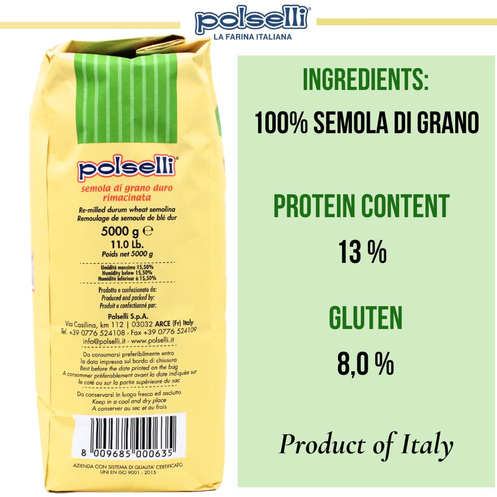 POLSELLI Italian Semola Flour, Fine Ground Semolina Rimachinata, 5 kg | Fine Ground Durum Wheat Flour For Fresh Pasta, Bread, &amp; Baking, All-Natural, Unbleached, Non-GMO, Product Of Italy