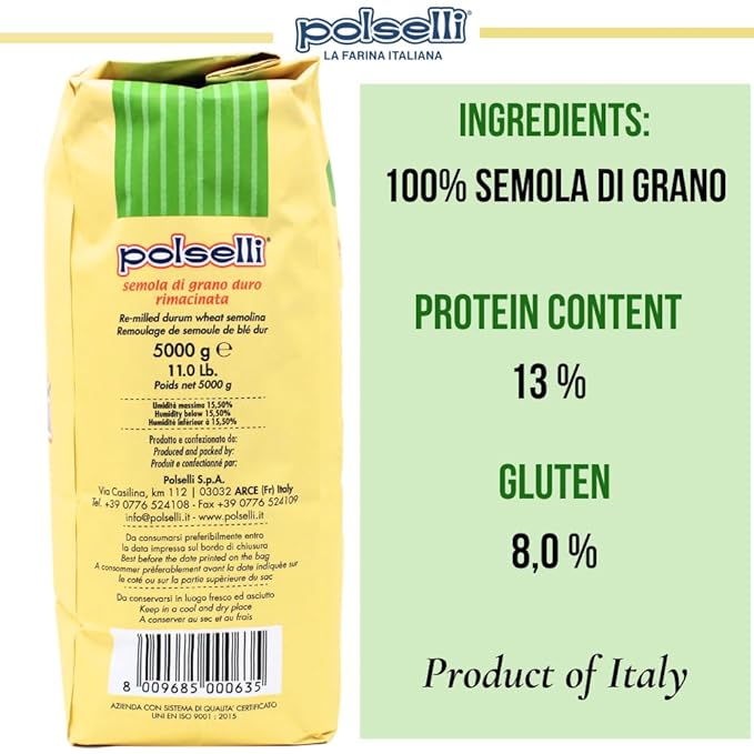 POLSELLI Italian Semola Flour, 11 lbs (5 kg), Fine Ground Semolina Rimachinata for Fresh Pasta, Bread, Durum Wheat, Product of Italy,