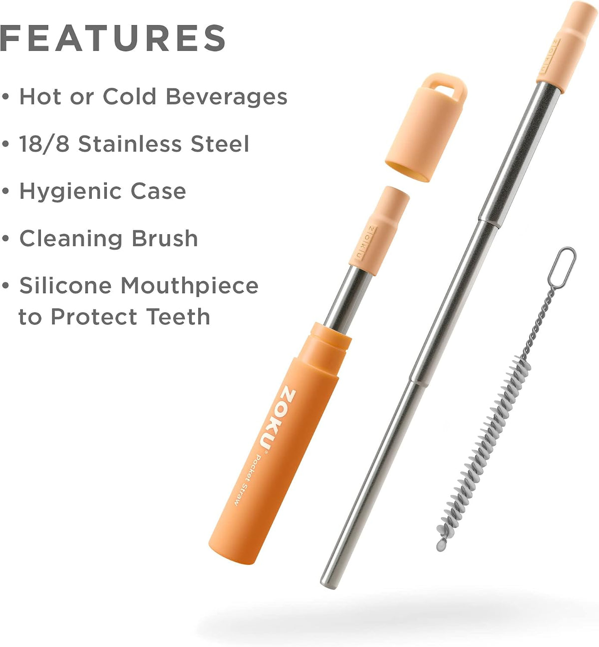 Zoku Reusable Metal Straw with Case, Collapsible Travel Straw - Orange | Collapsible Stainless Steel Drinking Straw with Silicone Tip and Cleaner Brush, Ideal for Key Chains, Pockets, Purses