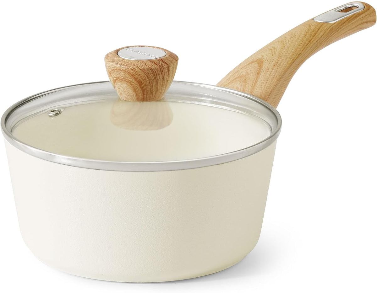 SENSARTE Ceramic Nonstick Sauce Pan with Lid, 1.5 Quart Small Saucepan, White Cooking Pot with Stay Cool Handle, Non toxic Kitchen Sauce Pot, Non stick Saucier Pan, Induction Pot, PFOA PTFE PFAS Free