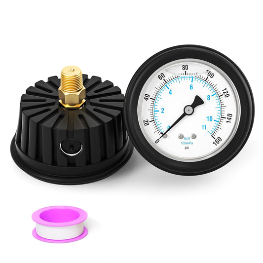 0-160PSI Stainless Steel Liquid Filled Pressure Gauge, 2.5" Dial Size, 1/4" NPT Back Mount, with Rubber Protective Sleeve,