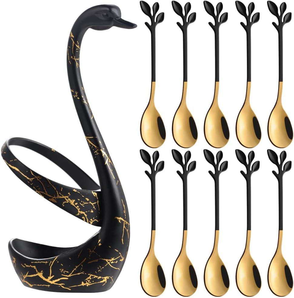 AnSaw Small Coffee Spoon Holder Set,Black Swan Base With 10 Pcs Black & Gold Demitasse Espresso Spoo