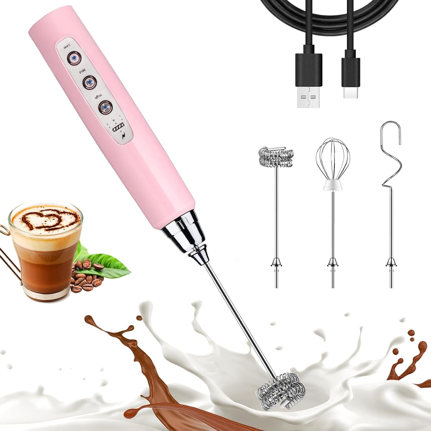 Nahida Pink Milk Frother Wand for Coffee, Frother Handheld Rechargeable Electric Whisk with 3 Heads 