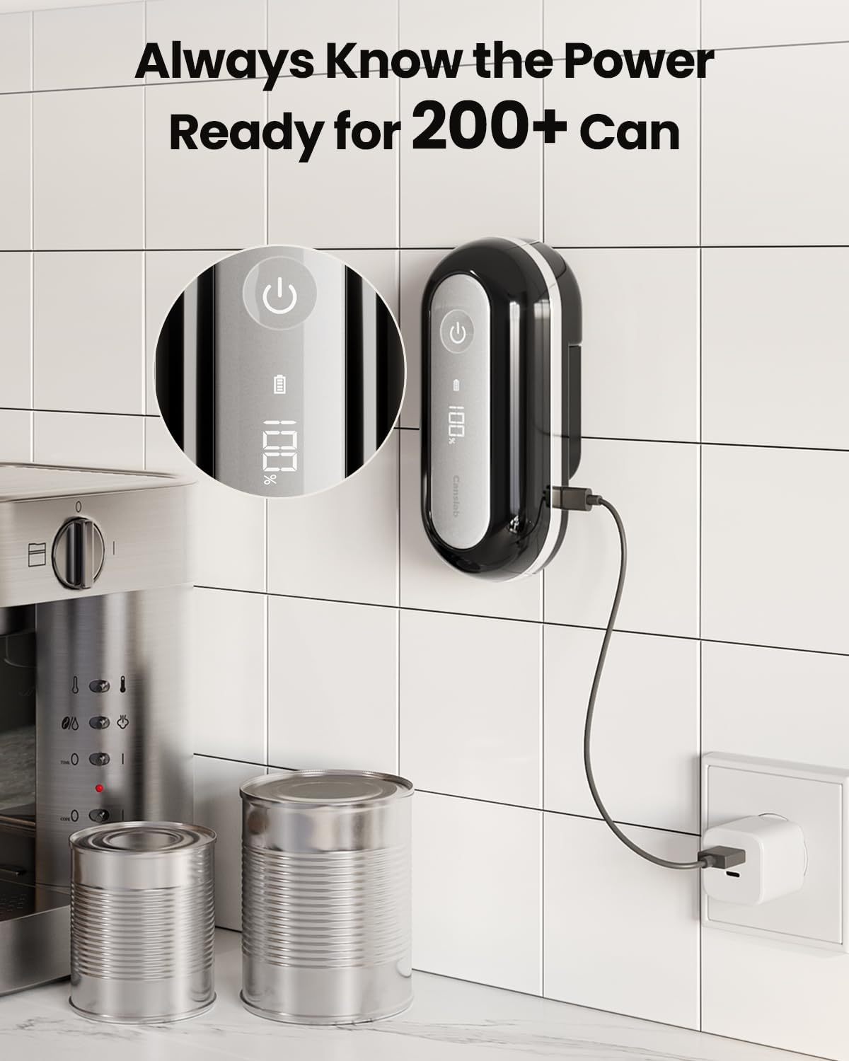 Canslab Retro Rechargeable Electric Can Opener, LED Battery Track&amp;Auto Stop | True One-Touch Operation, Wall-Mountable Small Size, Side Cut Smooth Edge, Rechargeable, for Seniors with Arthritis, Black