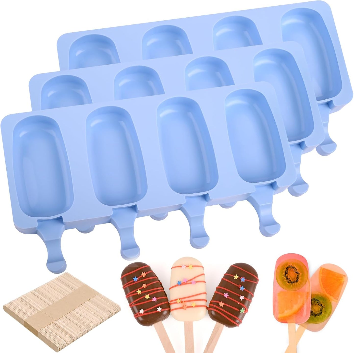 Sakolla 3 Pack Large Silicone Popsicle Molds with 150 Pcs Wooden Sticks