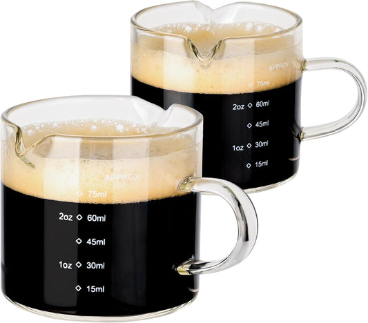 Espresso Double Spouts Glass Coffe Cup with Handle - 75ML/2.5OZ, Clear, Scale Measurement - Espresso Shot Glasses Cup(2PCS)