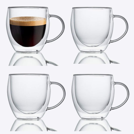 ZONEYILA Double Walled Glass Coffee Mugs 8oz, Insulated Borosilicate Glass Coffee Cups Set of 4, Clear Glasses Mug with