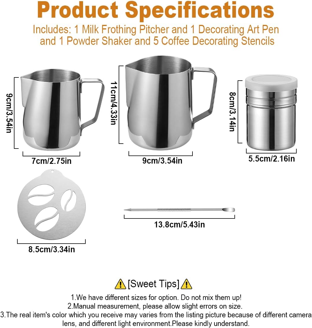 4Pieces Stainless Steel Milk Frothing Pitcher Set, Latte Art Barista Steaming Pitchers Set -Include Milk Frother Cup, Latte Art Pen, Powder Shaker, 5pcs Coffee Decorating Stencils (350ml/11oz)