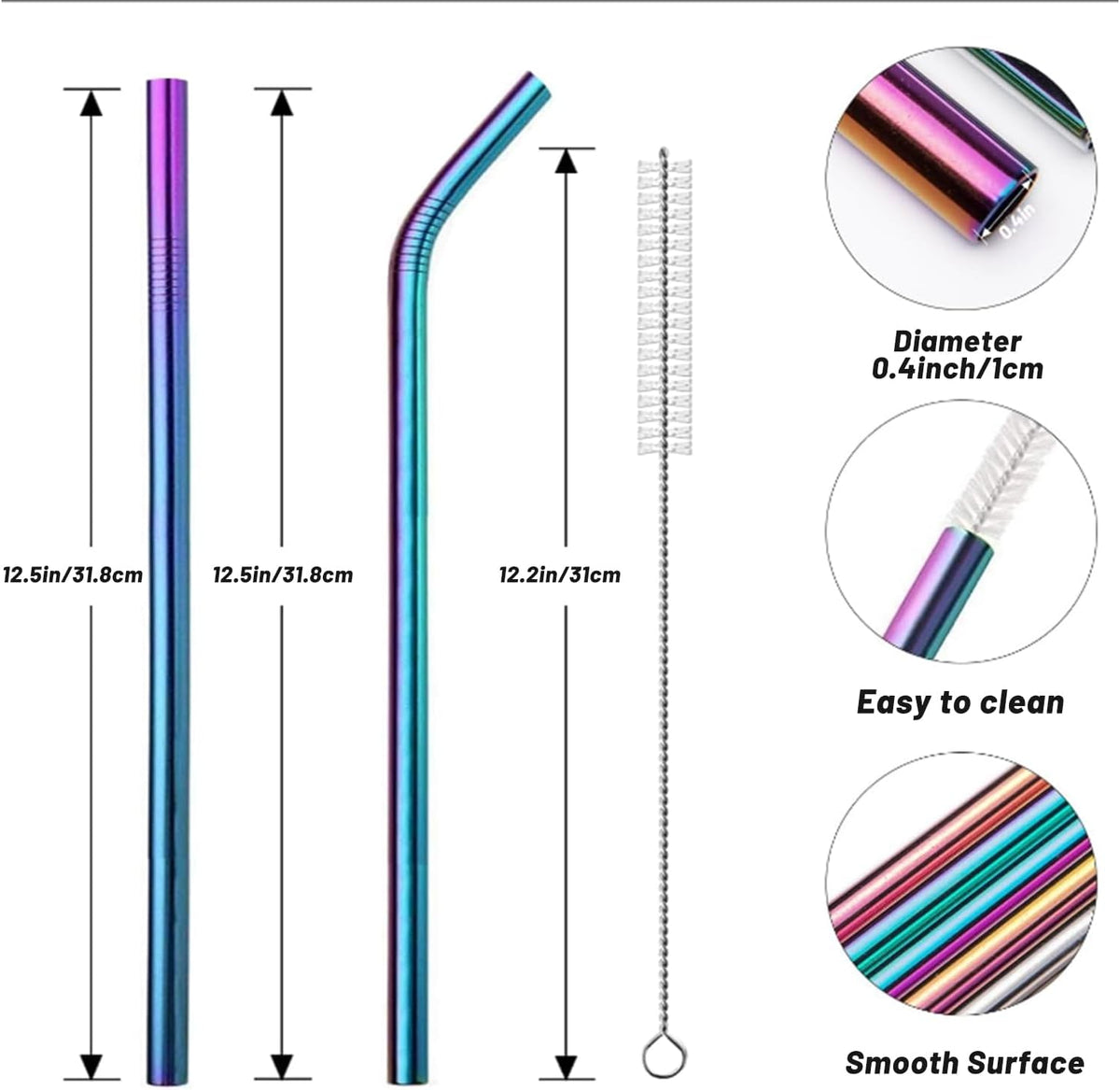 VEHHE 4 Pack 12.5-inchs Long Reusable Straws, Stainless Steel Straws