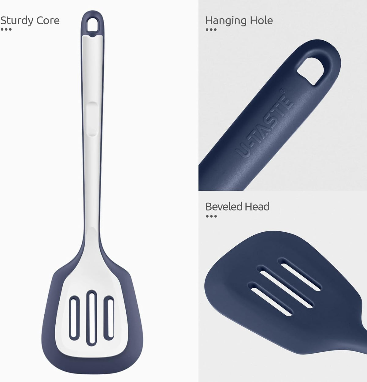 U-Taste Silicone Turner Spatula Set of 2, 13.6"Long/3.7"Wide, Midnight Blue | 600ºF Heat Resistant Food Grade Silicone Cooking Utensils Set, Wide Large Solid &amp; Slotted Turner Pancake Egg Flipper