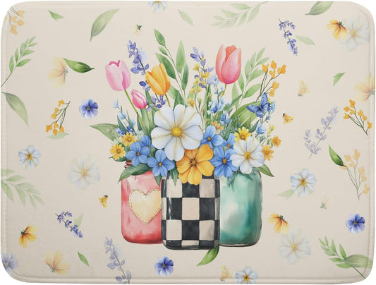 Giwawa Spring Flower Vases Dish Drying Mat for Countertop, 18"x24" Watercolor Floral Mason Jar Dish Drainer Mats, Wildflower