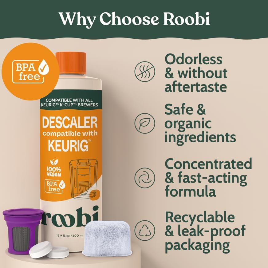 Roobi Keurig Compatible Descaling Solution &amp; Cleaning Kit | 500ml Keurig Descaler, 12 Cleaning Tablets, 1 Reusable Pod, 6 Water Filters, Carbon Neutral, 1 Year Supply