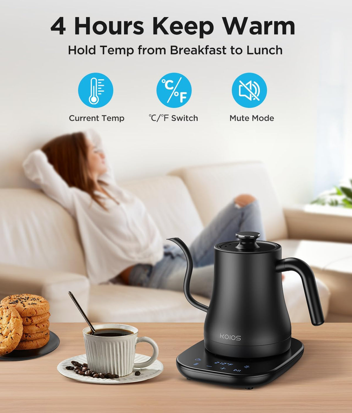 KOIOS Gooseneck Electric Kettle, ±1℉ Temp Control, Mute Mode, 4H Keep Warm | 0.8L Pour Over Kettle, 1200W Fast Heating, Stainless Steel, Coffee &amp; Tea Brewing