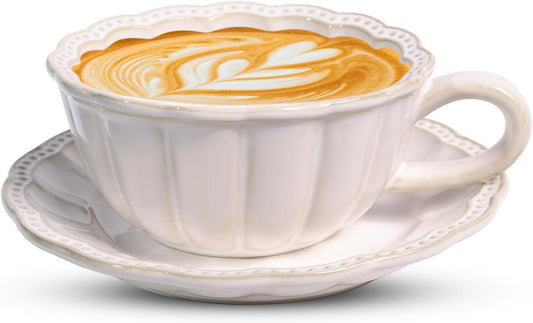 12 OZ Latte Cup with Saucer, Cappuccino Cup Vintage Cafe Art Cups for Espresso Turkish Coffee, Farmhouse Latte Mugs Tea Cups