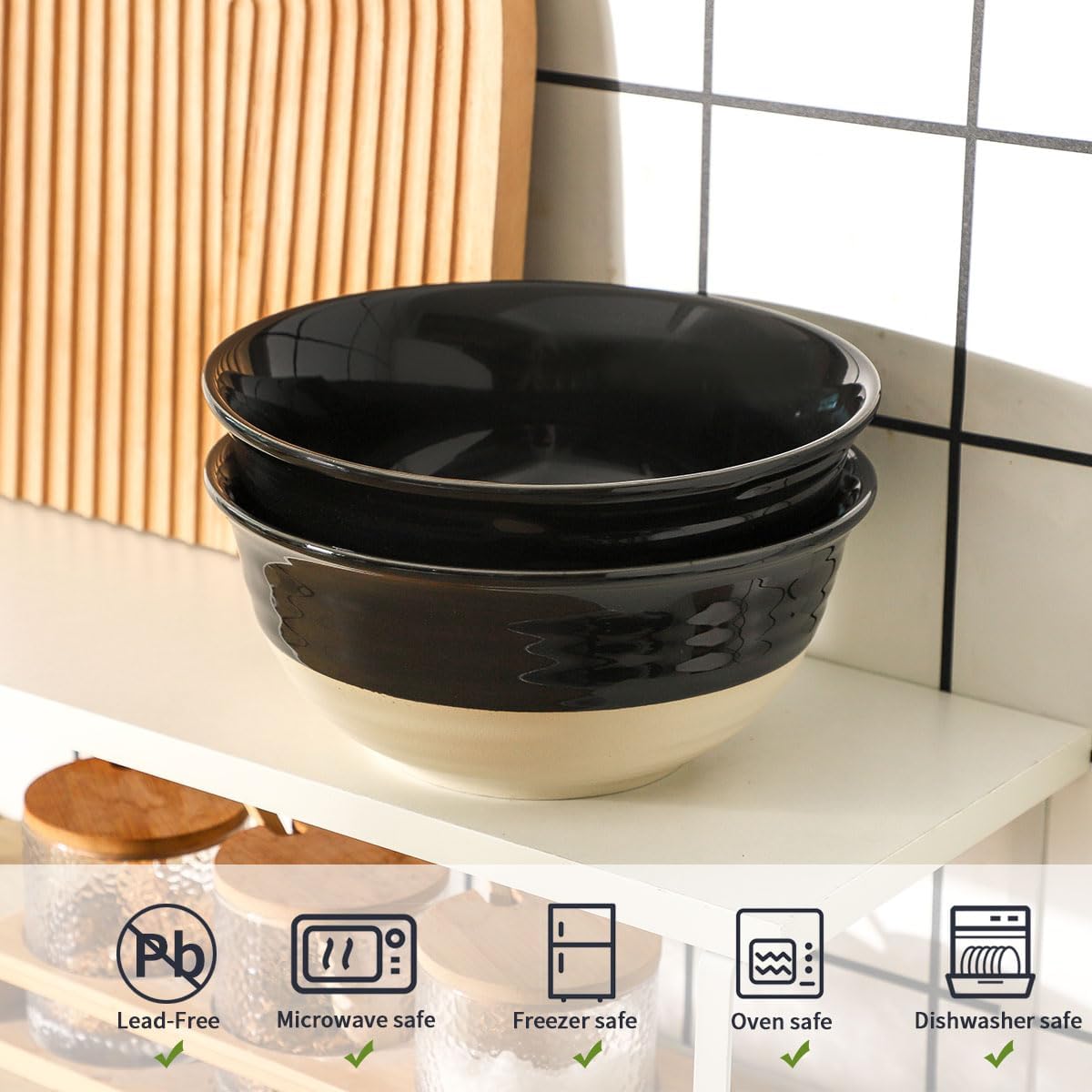 HASENSE Large Porcelain Serving Bowls Set of 2, 60 Oz 8.5 Inch Black &amp; Beige Stoneware Mixing Bowls, Farmhouse Bowls for Salad, Soup &amp; Pasta, Dishwasher &amp; Microwave Safe