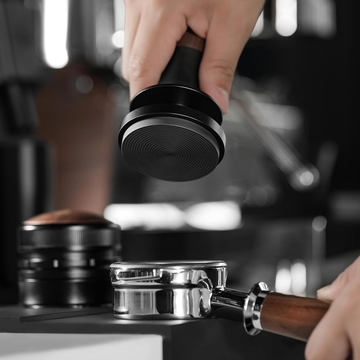 MHW-3BOMBER 53.35mm Espresso Coffee Tamper with Three Spring Loaded Calibrated Espresso Tamper 30lbs 54mm Espresso Hand Tamper with Sound Feedback Titanium Coating Black T6177T-OS