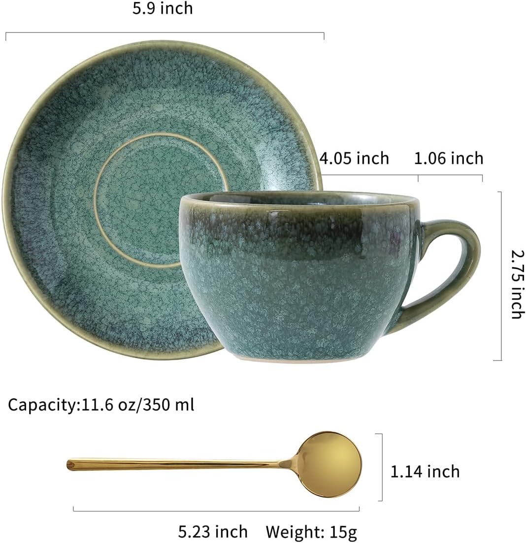 Porcelain Coffee Cup with Saucer Spoon, Vintage Design Ceramic Latte Art Cappuccino Barista Espresso Tea Cup with Saucer (10oz, Crystal Green)