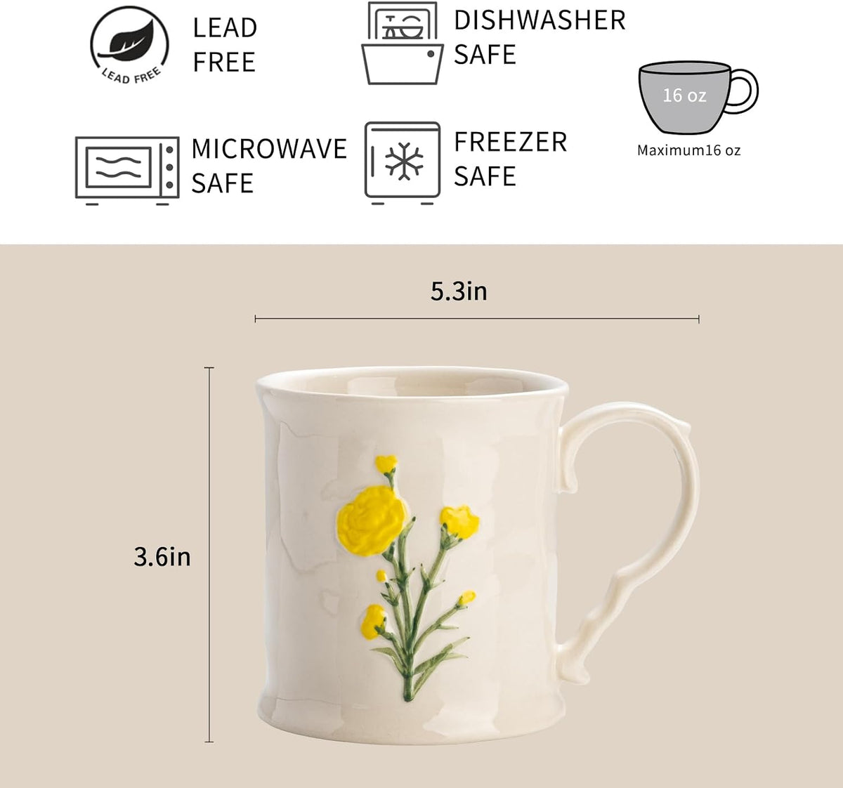 Ceramic coffee Mugs, Set of 1 Yellow Flower - 16oz, Hand-Painted, Microwave heating and dishwasher cleaning available, Ideal for Daily Brews