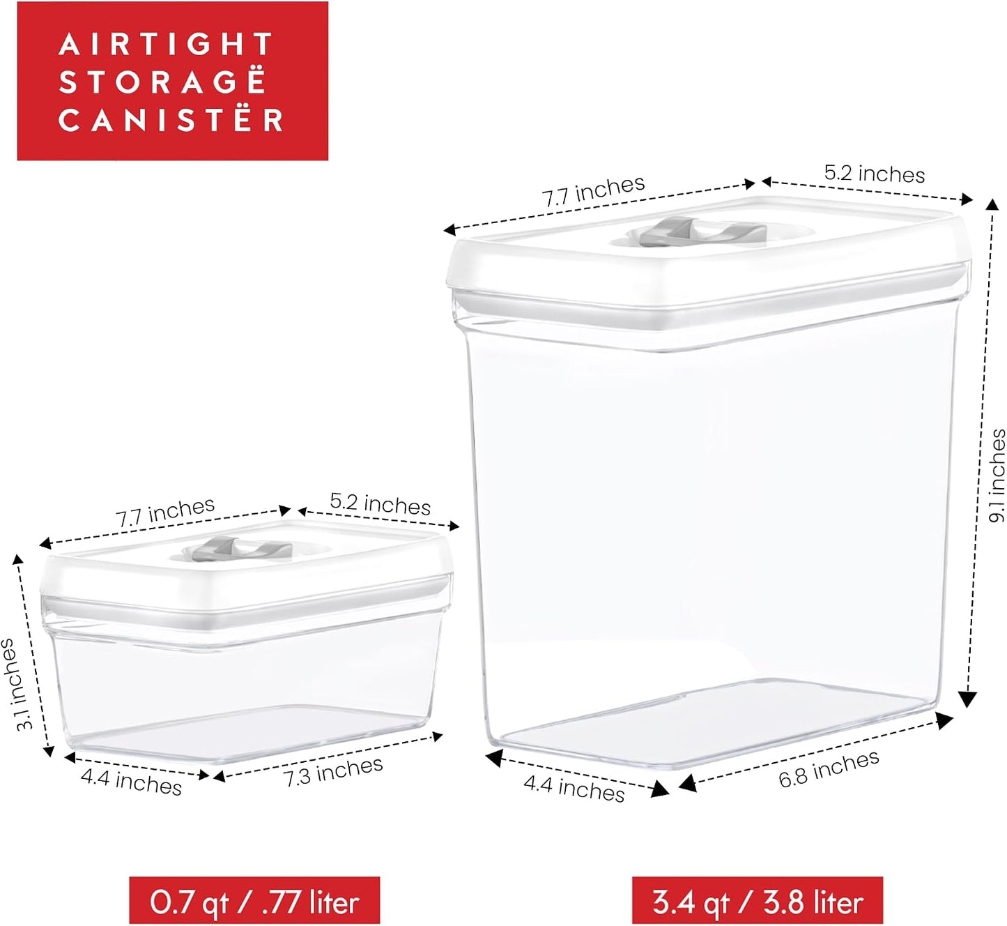 DWËLLZA KITCHEN Large Airtight Food Storage Containers with White Lids (3.8L, 0.8L) - Clear Plastic Bulk Food Pantry &amp; Kitchen Storage Containers for Flour, Sugar 4 Pc BPA-Free, Keeps Fresh &amp; Dry