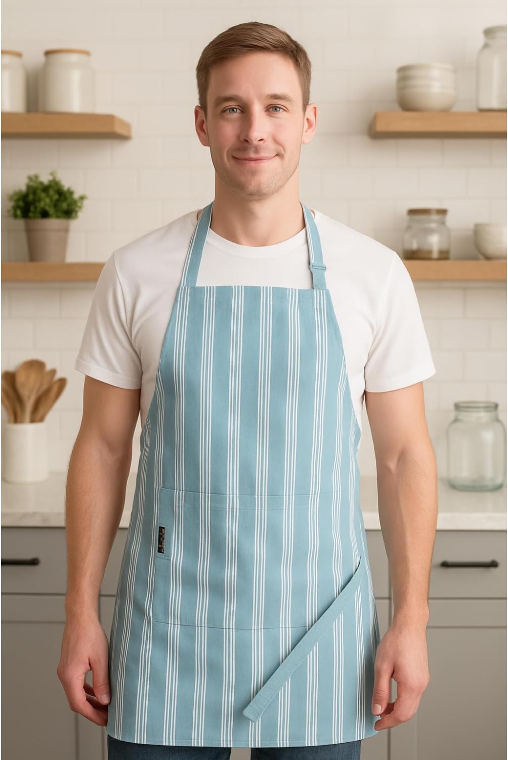 Cotton Striped Aprons for Women with Pockets - Adjustable Strap and Waist Ties Printed Apron for Baking, Cooking, Gardening (27.5 x 33 Inches - Dove Blue)