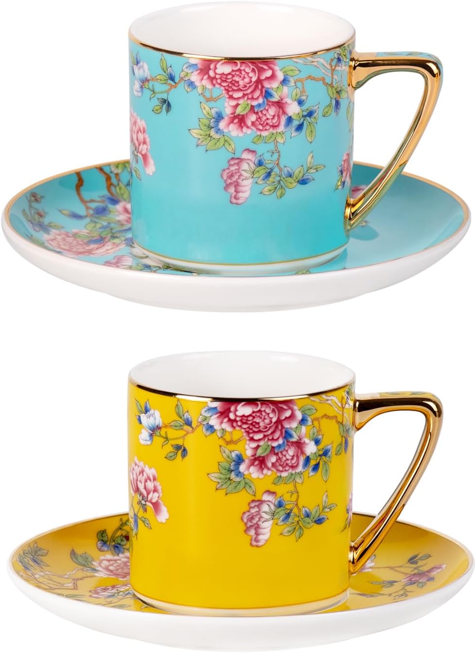 KAMMAK Tea Cup and Saucer, Ceramic Coffee Cups, 7.5 oz, Set of 2 | Porcelain Tea Cups with Saucers for Coffee and Cappuccino, Ideal for Breakfast, Afternoon Tea and Entertaining,633+634N