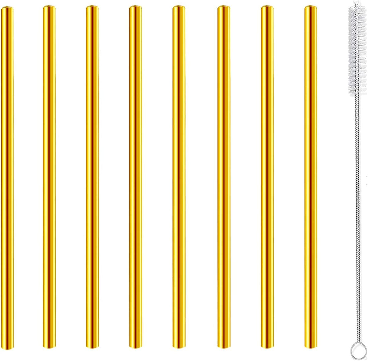 Short Cocktail Straws, Metal Stainless Steel Reusable Small Mini Coffee Stir Drinking Straw for Party Accessories Mason Jar Tumbler Juice Box Tea Coffee Mocktails Mojito Drinks with Brush, Gold 8Pcs