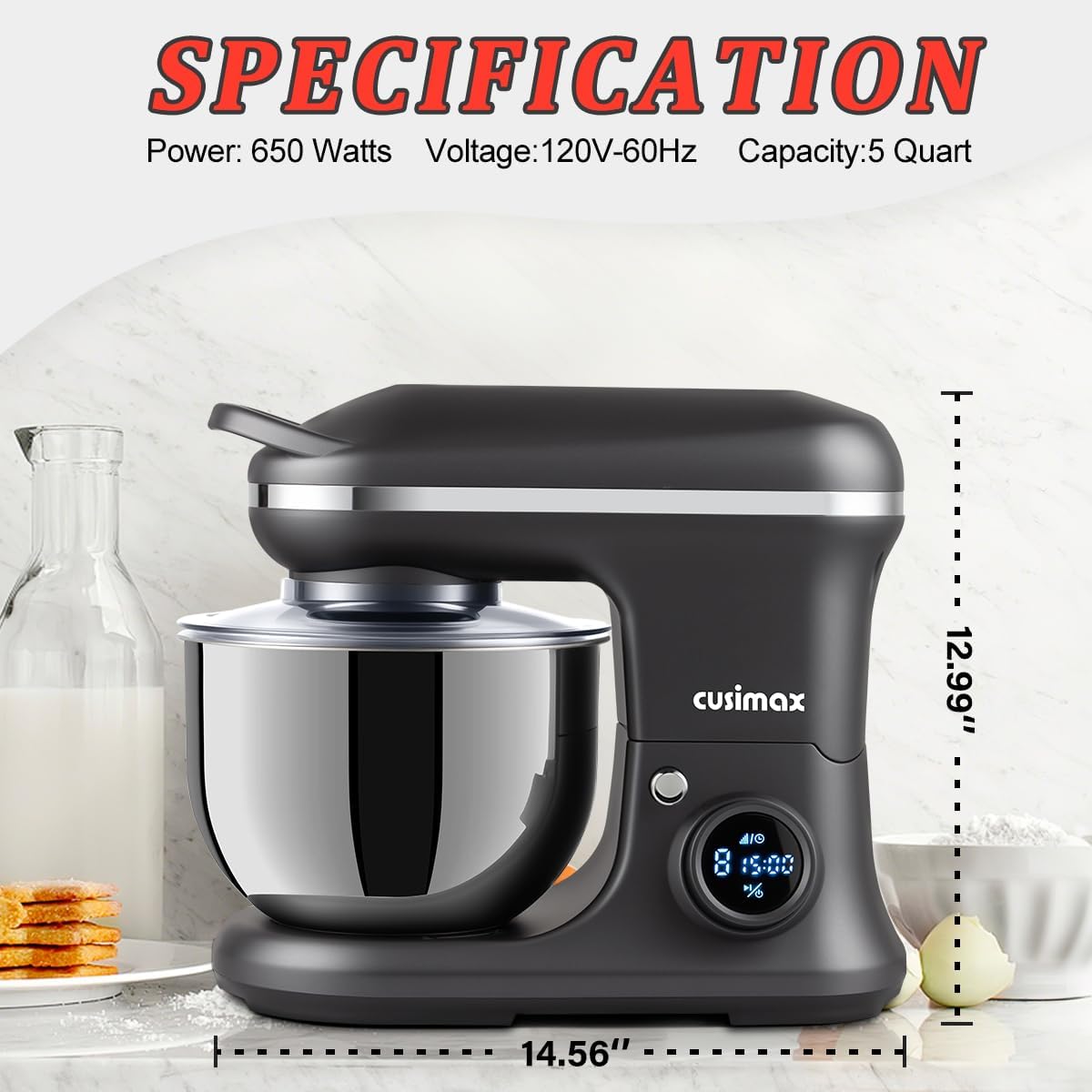 CUSIMAX Stand Mixer 5-QT Tilt-Head Food Mixer Kitchen Electric Mixer with Dough Hook, Wire Whip & Beater for Daily Use