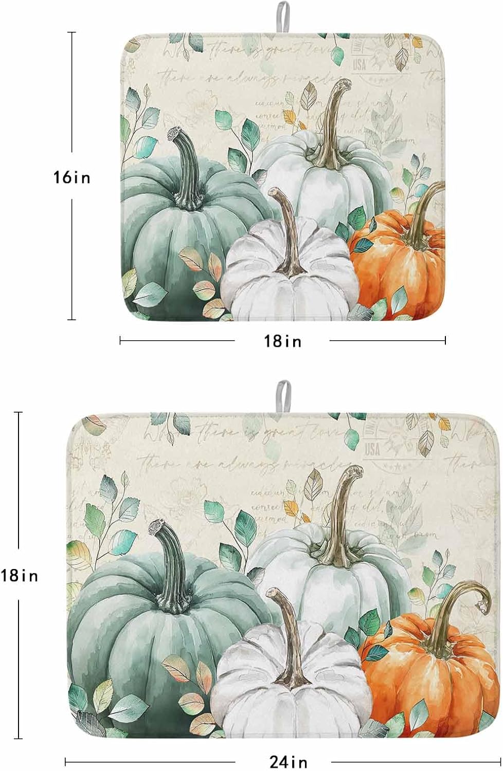 Fall Dish Drying Mat for Kitchen Counter Green Pumpkin Drying Pad Absorbent Drying Mats for Countertops Sinks Draining Racks Eucalyptus Leaves Drainer Holiday Harvest Thanksgiving Decorations 18x24
