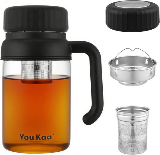 32oz Glass Water Bottle, Tea Bottle with Infuser & Handle, BPA-Free Leakproof Wide Mouth Large Tea Infuser Bottle for Hot or