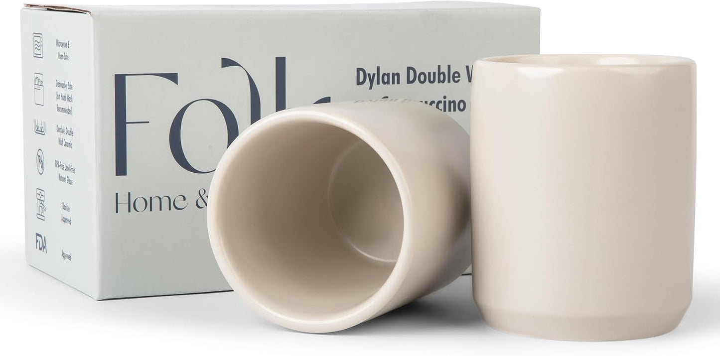 Folk Ceramics Dylan Cappuccino Cups, Fog Grey, Set of 2, 8oz | Double Walled Ceramic, Compact &amp; Heat Insulated, For Cappuccino, Tea, Coffee &amp; Latte