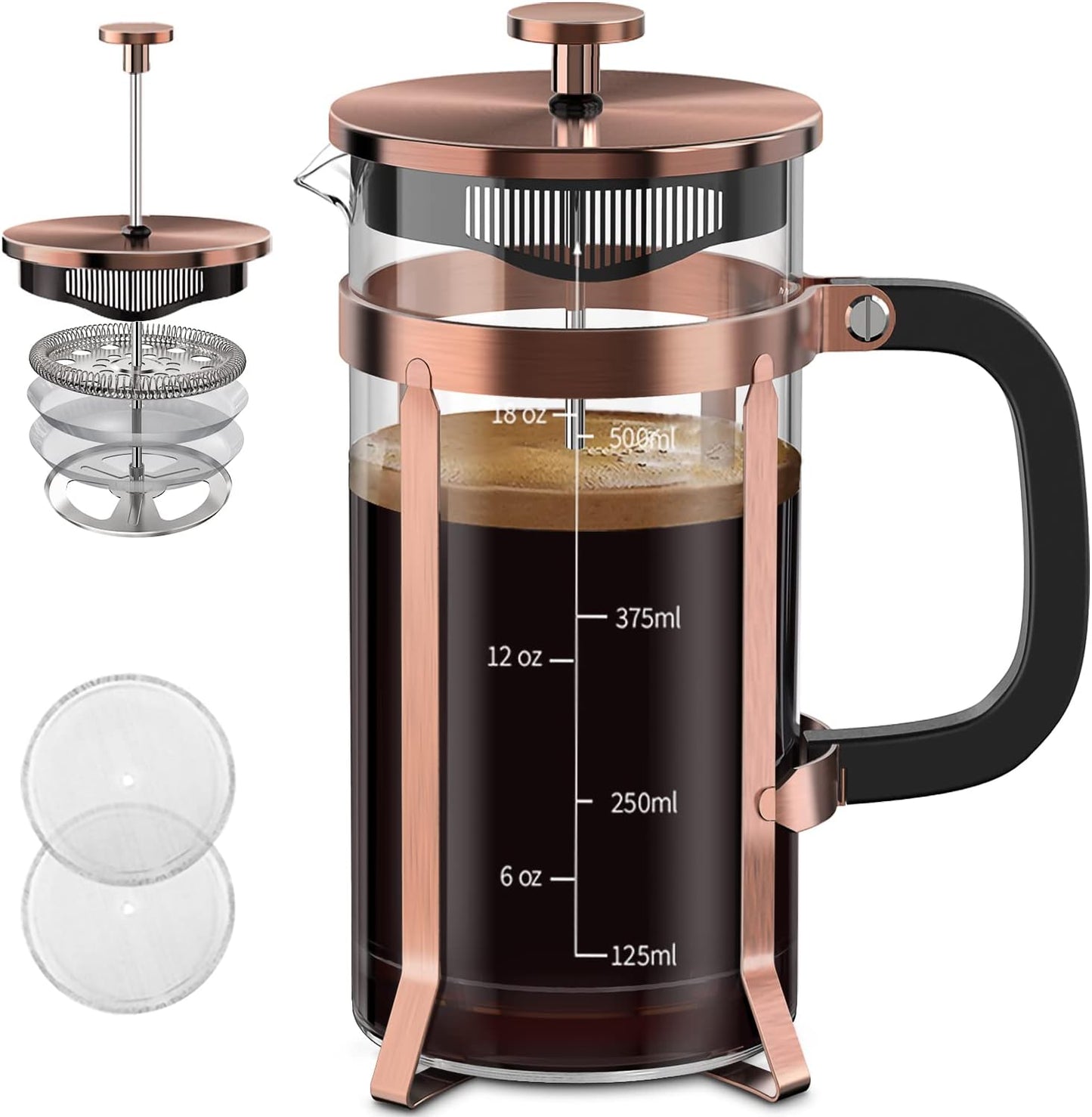 QUQIYSO French Press Coffee Maker, Borosilicate Glass Coffee Press | Thickened Glass Stainless Steel Coffee French Press,Easy to Clean,4 Filter Suitable for Kitche Camping Gifts (21oz, Copper)