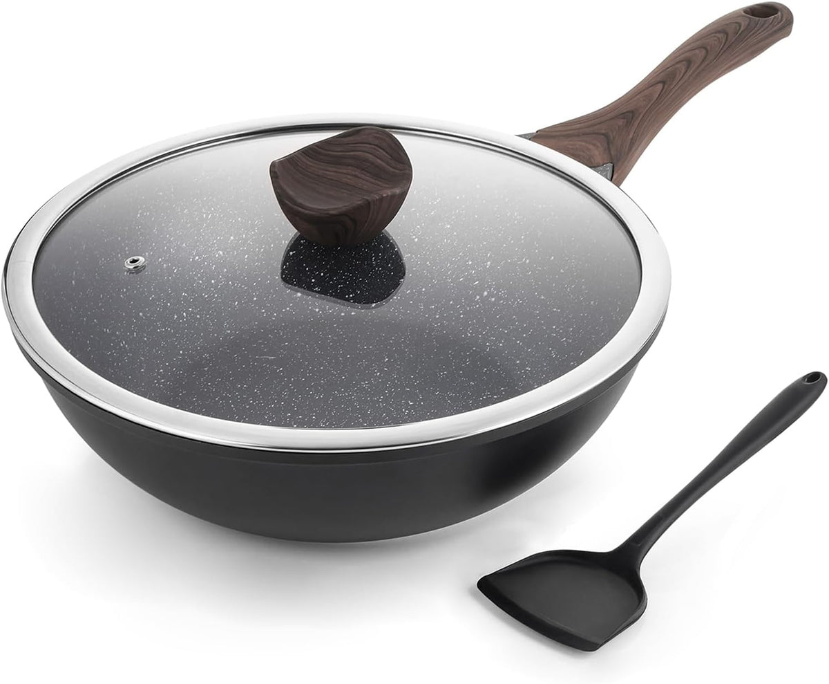 Nonstick Wok with Lid, 12 Inch Woks & Stir-fry Pans, Healthy Coating Induction Cookware, Compatible with All Stovetops, PFOA Free (Cream White)
