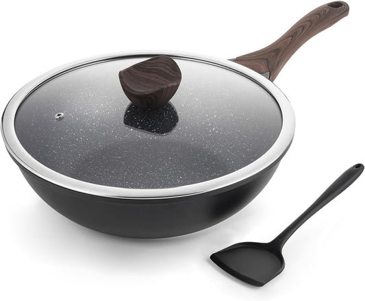 Nonstick Wok with Lid, 12 Inch Woks & Stir-fry Pans, Healthy Coating Induction Cookware, Compatible with All Stovetops, PFOA Free (Cream White)
