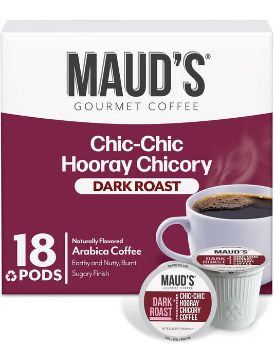 Maud's Chicory Flavored Coffee Pods, 18 ct, Dark Roast Flavored Coffee in Recyclable Single Serve Pods – 100% Arabica Beans,