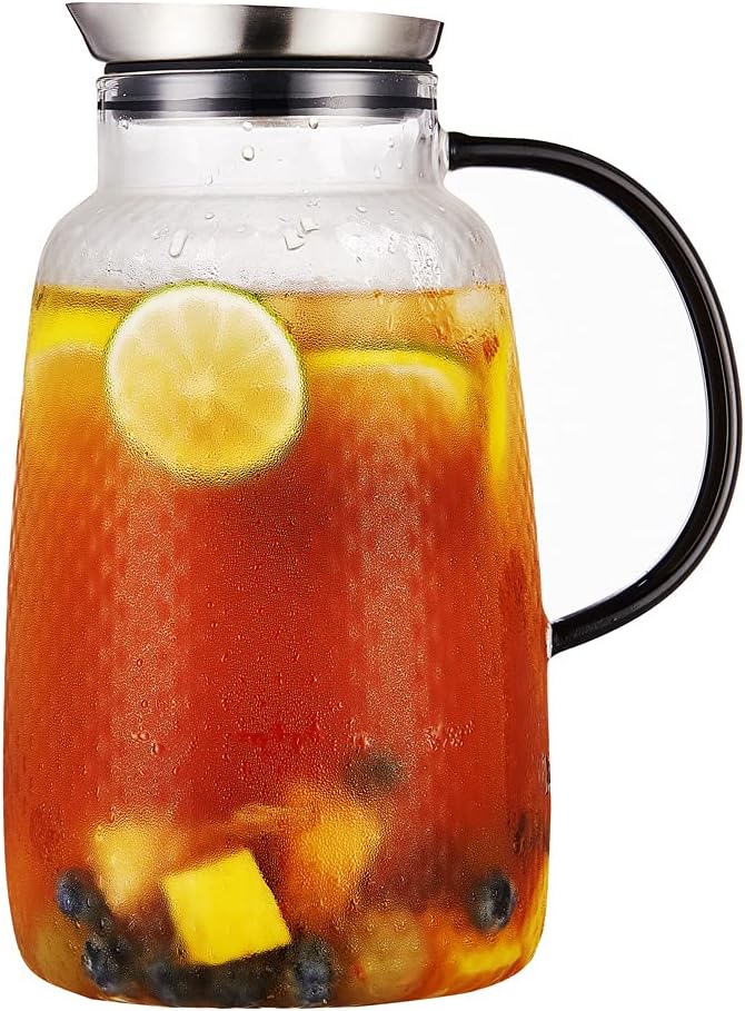 Purefold Pitcher with Lid, Glass Jug with Stainless Steel Lid for Hot and Cold Water, Fruit Tea, Coffee Maker, Ice Tea, Juice, Pineapple Series (Clear, 80 oz) | Fruit tea, coffee, iced tea, juice jug. Leakproof, dishwasher safe. BPA free Pineapple Series