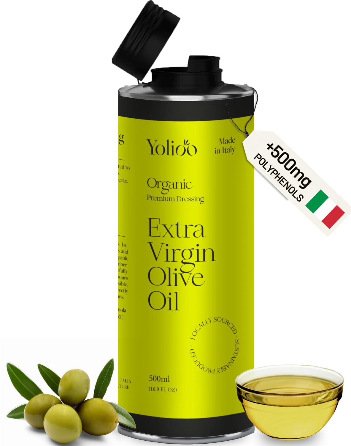 100% EVOO | Italian Organic Olive Oil Extra Virgin Cold Pressed | Very High Polyphenol Rich Early Harvest from Tuscany | Premium Pure Olive Oil (16.9oz)