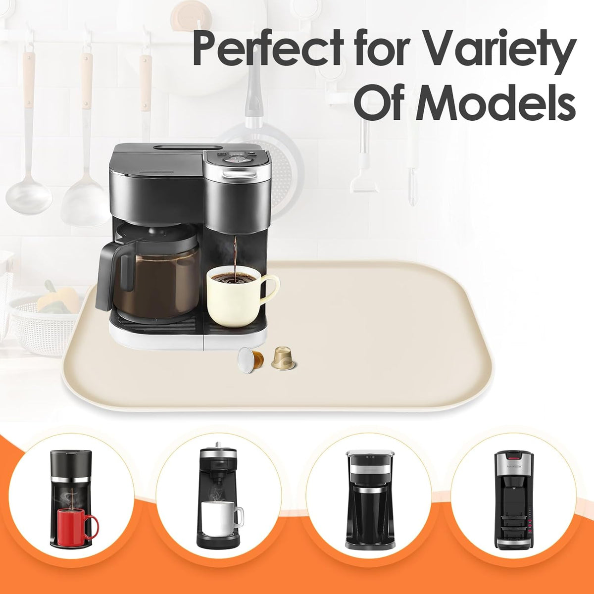 Silicone Coffee Maker Mat with Lip, 24'' x 16'' Heavy Duty Coffee Maker Mat for Countertops, Coffee Tray Fit Under Coffee Machine Appliance Automatic Machines Espresso Accessory, Beige